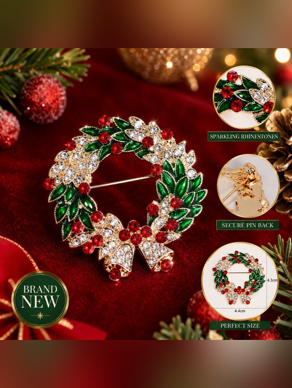 2 for $18 Festive Red & Green Wreath Crystal Brooch Christmas Holiday Pin NEW